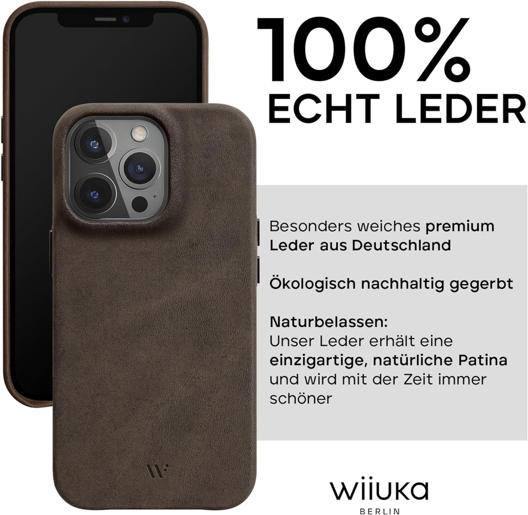 WIIUKA Hülle für iPhone 14 Pro Max, Leder aus Deutschland, Lederhülle extra Dünn, Premium Handyhülle