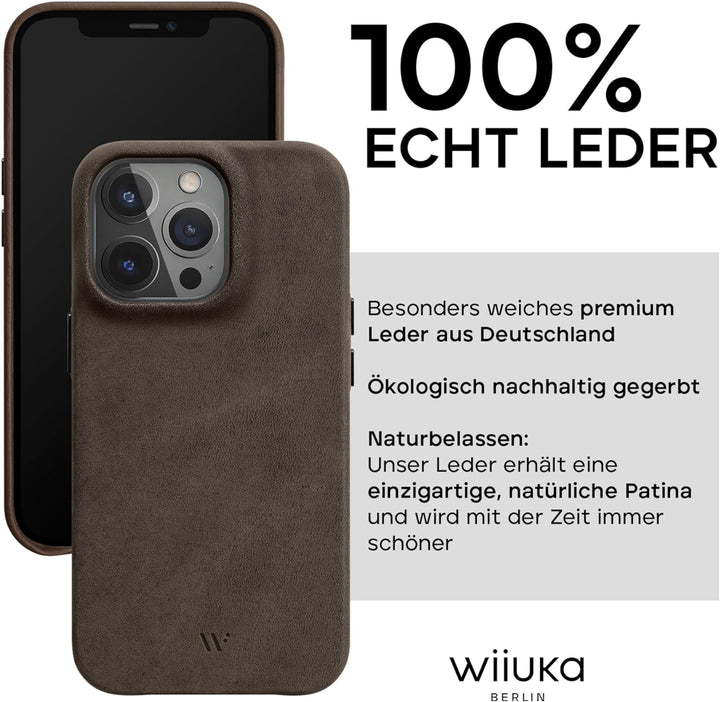 WIIUKA Hülle für iPhone 14 Pro Max, Leder aus Deutschland, Lederhülle extra Dünn, Premium Handyhülle