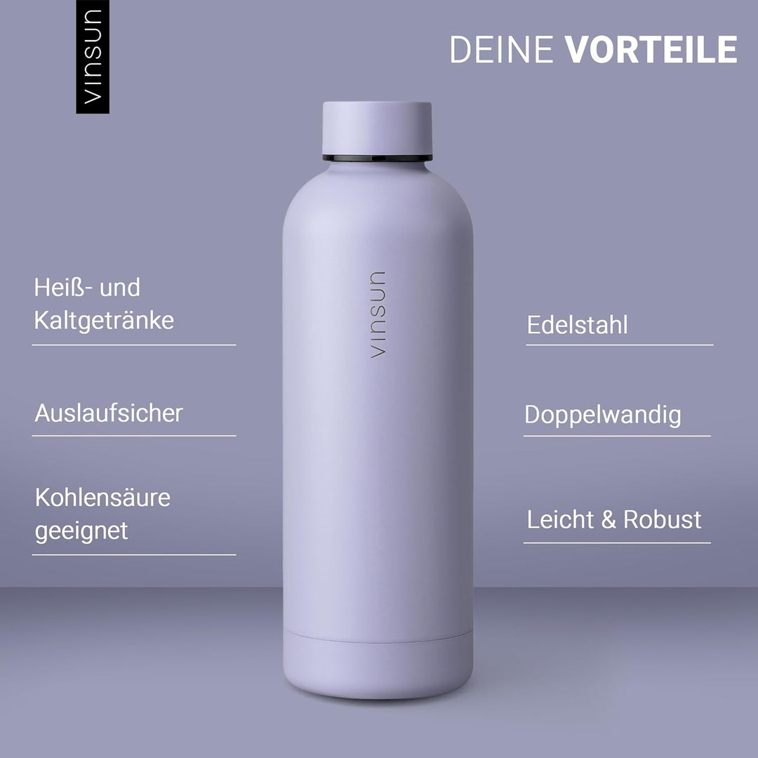 Vinsun Trinkflasche Edelstahl lila 500ml - doppelwandig isoliert, auslaufsicher, Kohlensäure geeigne