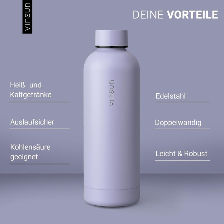 Vinsun Trinkflasche Edelstahl lila 500ml - doppelwandig isoliert, auslaufsicher, Kohlensäure geeigne
