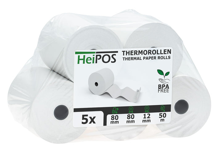 HeiPOS 5x Thermorollen 80mm x 80m x 12mm (Ø 80mm) - Kassenrollen für Epson TM-T88, Star, Citizen, Me
