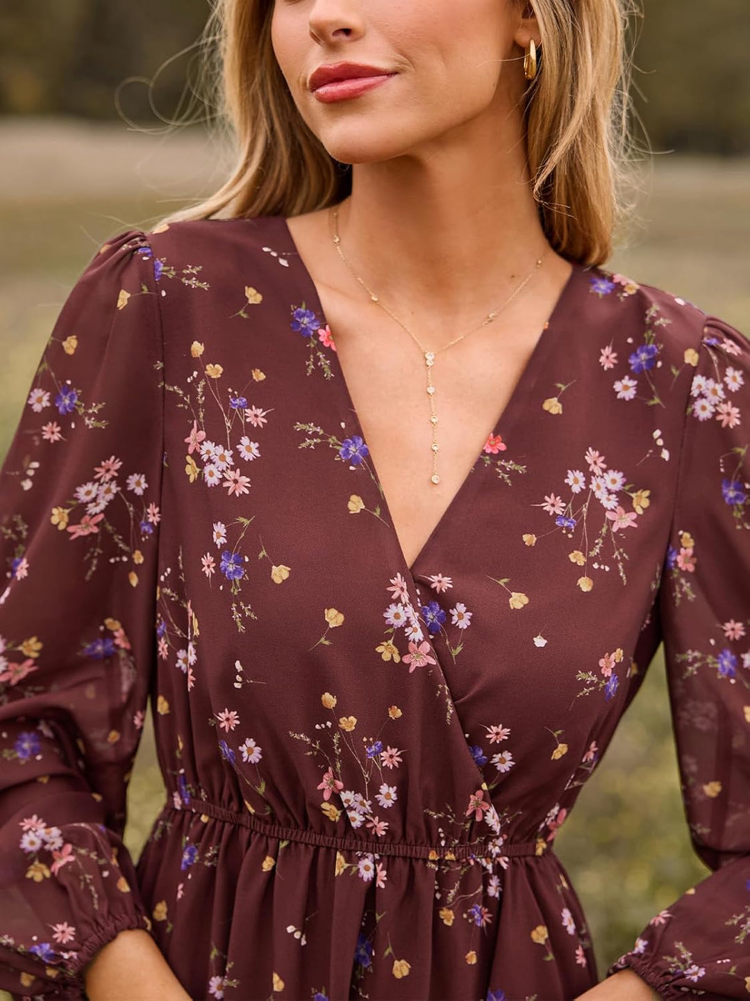CUPSHE Damen Kleid V Ausschnitt Wickeloptik Transparente Lange Ärmel Blumenmuster Freizeitkleider Wr