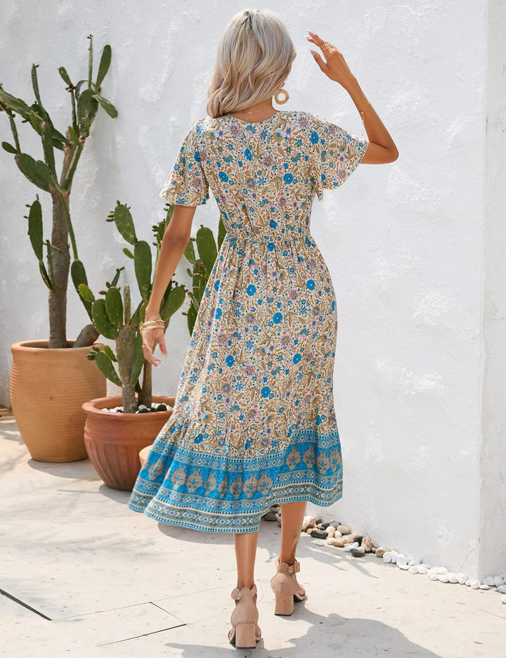 Clearlove Damen Sommerkleid Boho Kurzarm Midi Kleider V-Ausschnitt Strandkleid lang Blumenkleid Rüsc