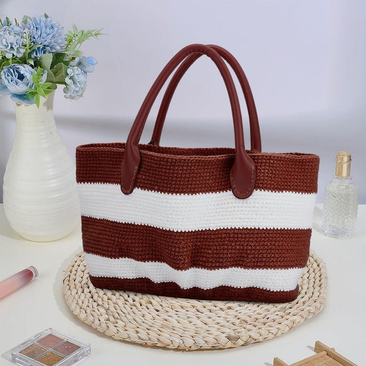 ORIGACH Handtasche Häkelset mit PU-Lederband und -Basis Für Anfänger, DIY Schokoladenbraune gestreif