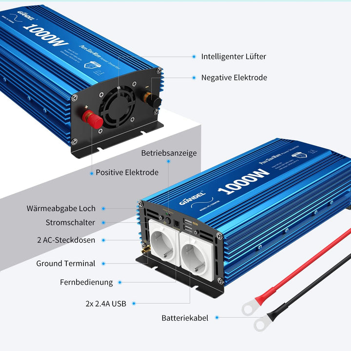 GIANDEL 1000W Wechselrichter Reiner Sinus 12V auf 230V KFZ Spannungswandler Power Inverter mit LCD-B