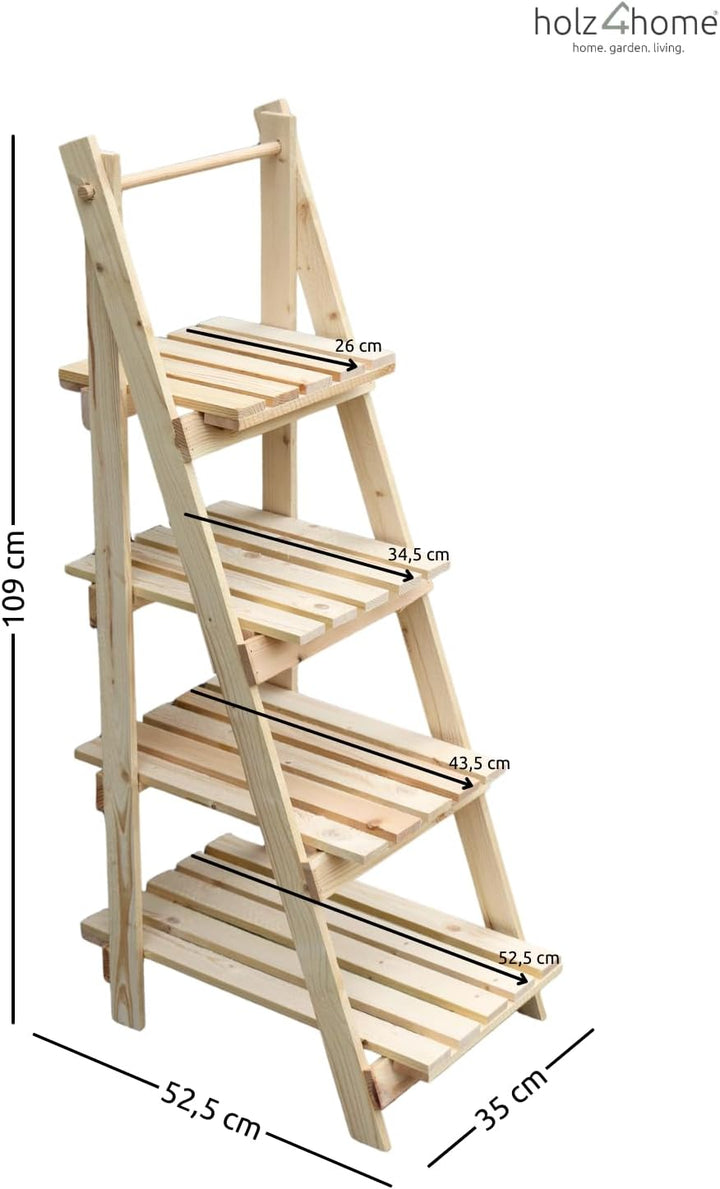 holz4home® Pflanzleiter mit 4 Ablagen I Grösse: 52,5 x 109 x 35 cm I Blumentreppe aus Tannenholz hel