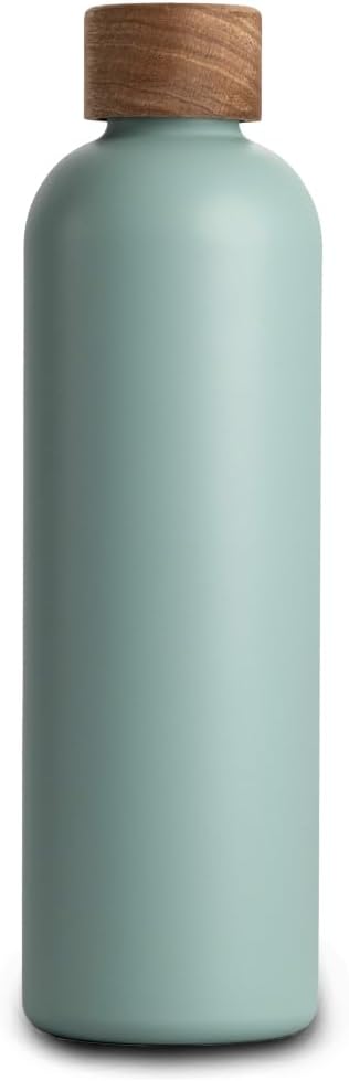 T&N Edelstahl Trinkflasche 1 Liter, Thermosflasche 1l mit Akazienholz Deckel, Isolierte Wasserflasch