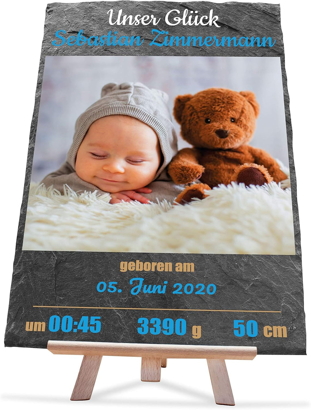 wandmotiv24 Schieferplatte mit eigenem Foto zur Geburt, 20 x 30 cm, inklusive Staffelei, Babyfoto, G