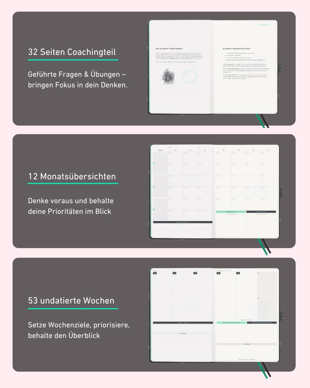 KLARHEIT KALENDER undatiert mit 52 Wochen (A5)– dein Organizer, Terminplaner, Notizbuch und Terminka