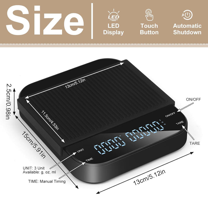 Digitale Kaffeewaage mit Timer, Espresso Waage mit 0,1g Präziser Graduierung, USB Aufladbar Feinwaag
