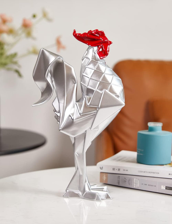 NENBOLEC Modern Skulptur Dekor Hahn Statue Tier Arts Wohnzimmer Kunst Polyresin Silber Geschenk 31cm