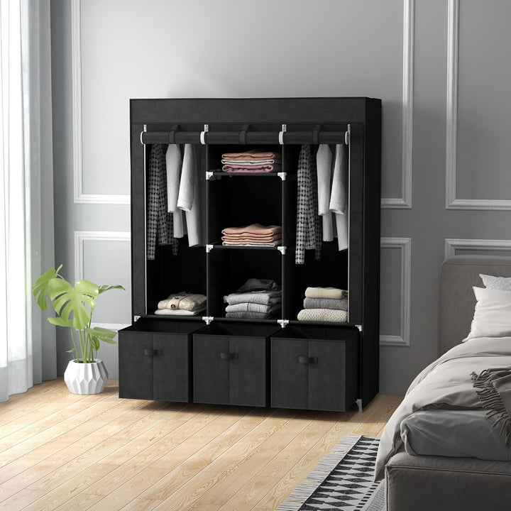 HOMCOM Kleiderschrank Stoffschrank mit Kleiderstange, Schubladen, Reissverschluss Faltschrank für Sc