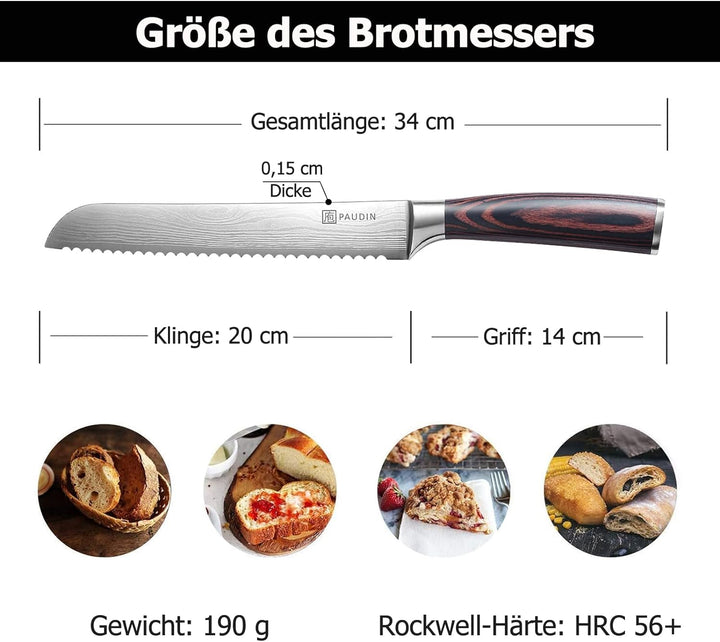 PAUDIN Profi 20cm Brotmesser mit Wellenschliff aus Hochwertigem Rostfreier Edelstahl, Extra Scharfe
