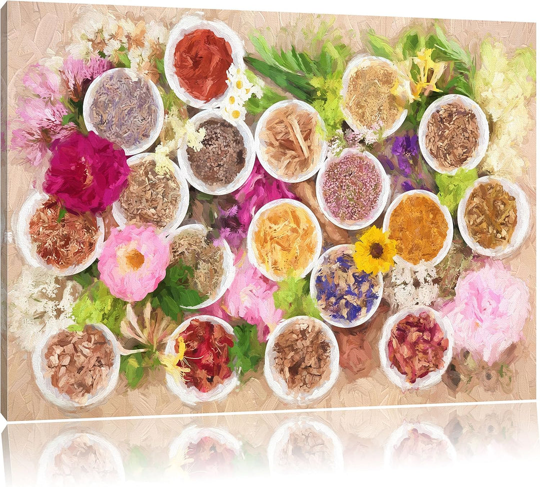 Pixxprint Heilende Kräuter und Blumen Kunst / 100x70cm Leinwandbild bespannt auf Holzrahmen/Wandbild