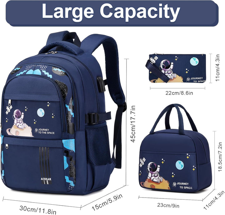 ACESAK Schulrucksack Jungen - Schulranzen mit Lunch Bag - Schultertaschen Set für Kinder Jungen Mädc