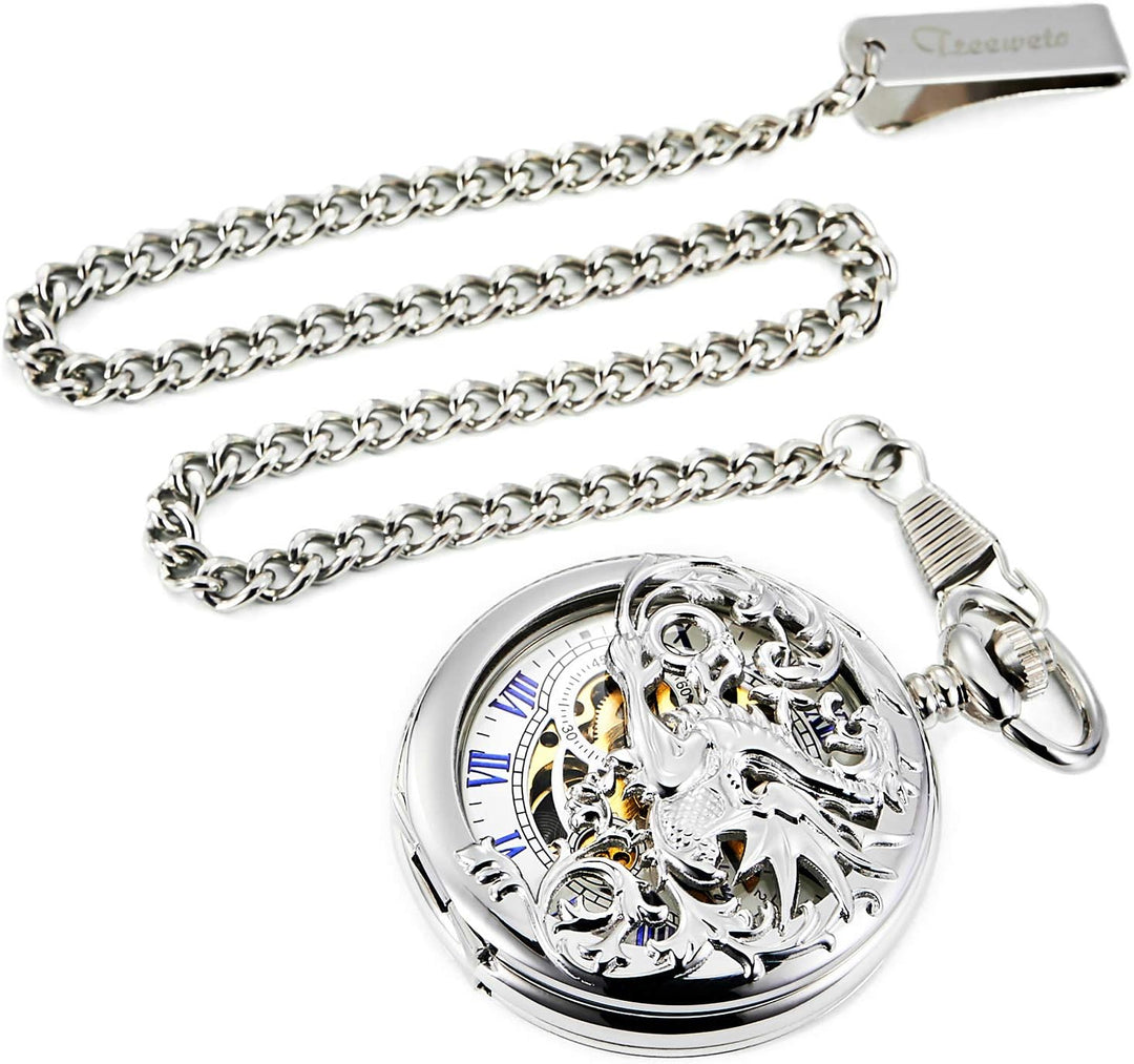TREEWETO Herren Antik Bronze/Silber Drache Mechanische Skelett Taschenuhr für Damen mit Kette 4. Sil