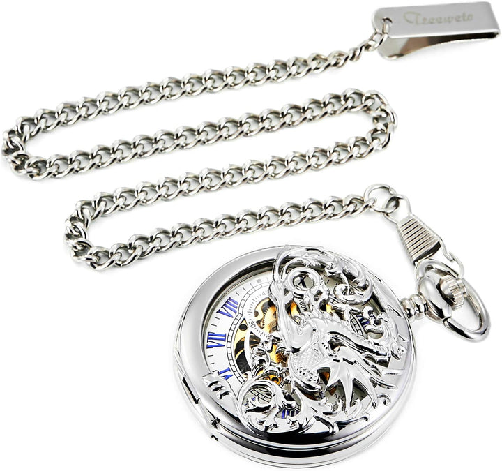 TREEWETO Herren Antik Bronze/Silber Drache Mechanische Skelett Taschenuhr für Damen mit Kette 4. Sil