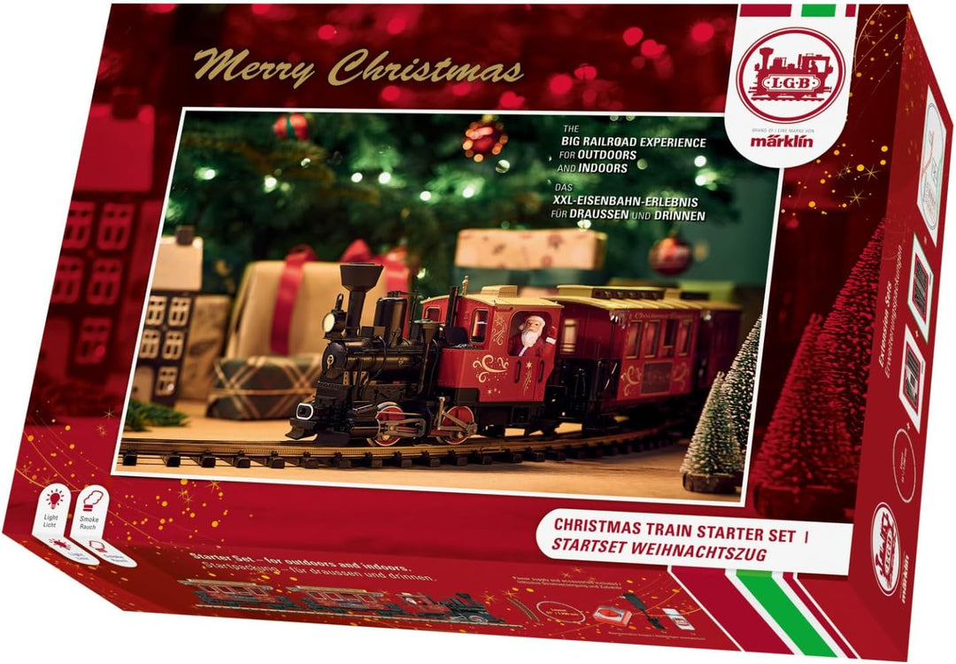LGB – 70308 Gartenbahn Starterset Weihnachtszug mit Lokomotive und Zwei Waggons, Outdoor-Eisenbahn,