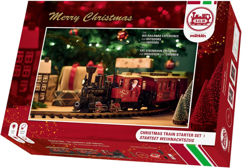 LGB – 70308 Gartenbahn Starterset Weihnachtszug mit Lokomotive und Zwei Waggons, Outdoor-Eisenbahn,