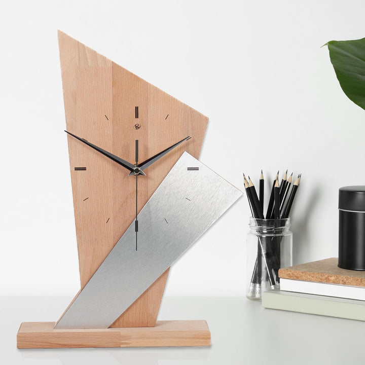 Kreative Feder Designer-Standuhr „Brown Square“ aus Massivholz – Tischuhr in modernem Metallic-Look