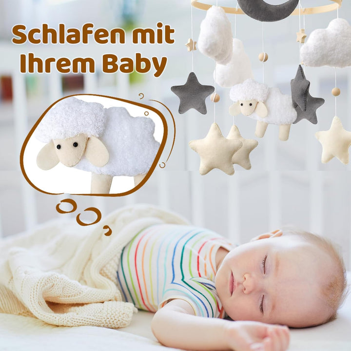 Schaf Mobile Baby Hölz Babybett Süsses Lämmchen Mobile Baby Windspiel mit Filzbällen Wolke und Stern