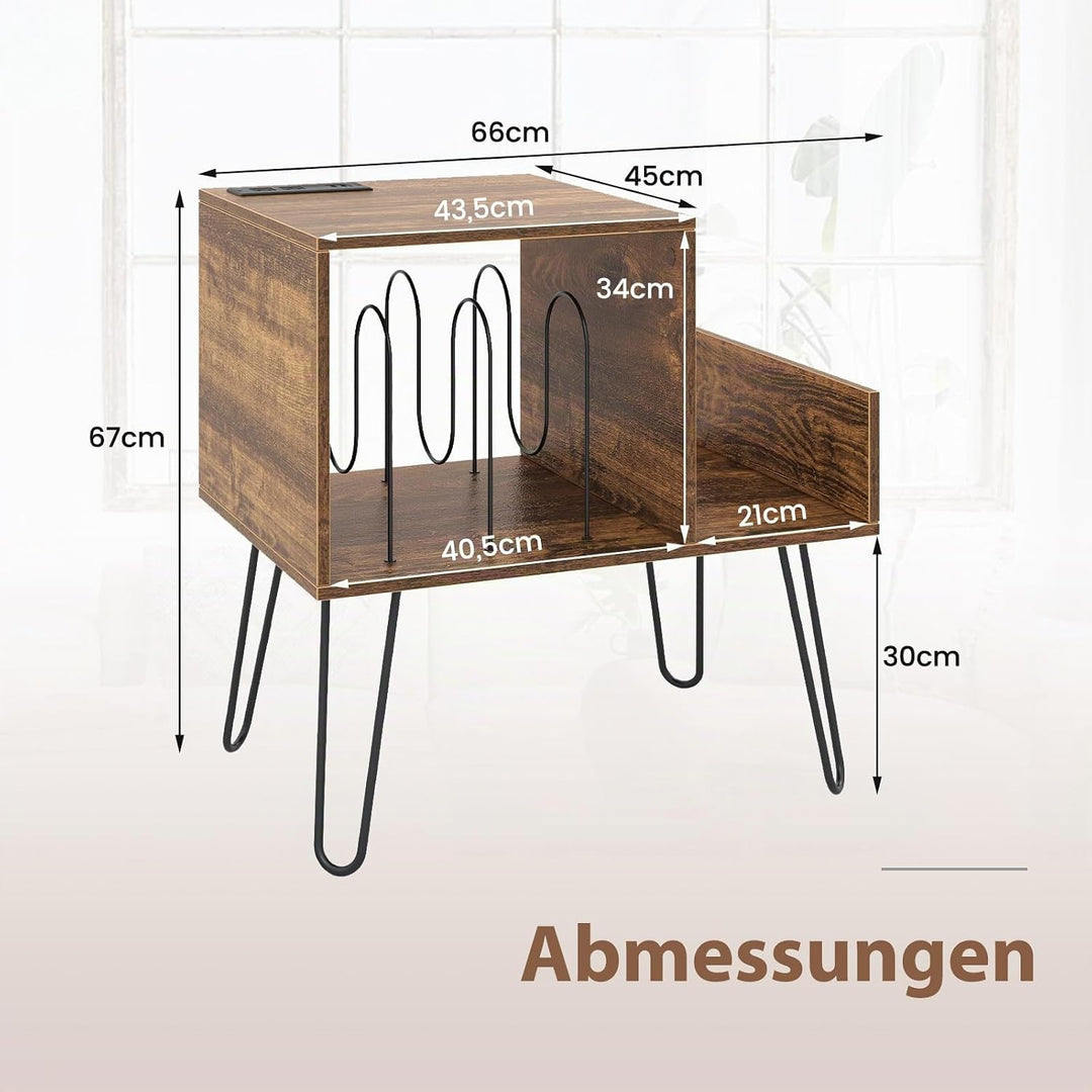 COSTWAY Beistelltisch mit Ladestation, Plattenspielerständer mit Trennwänden &amp; Seitenregal, Nachttis