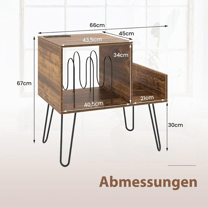 COSTWAY Beistelltisch mit Ladestation, Plattenspielerständer mit Trennwänden &amp; Seitenregal, Nachttis