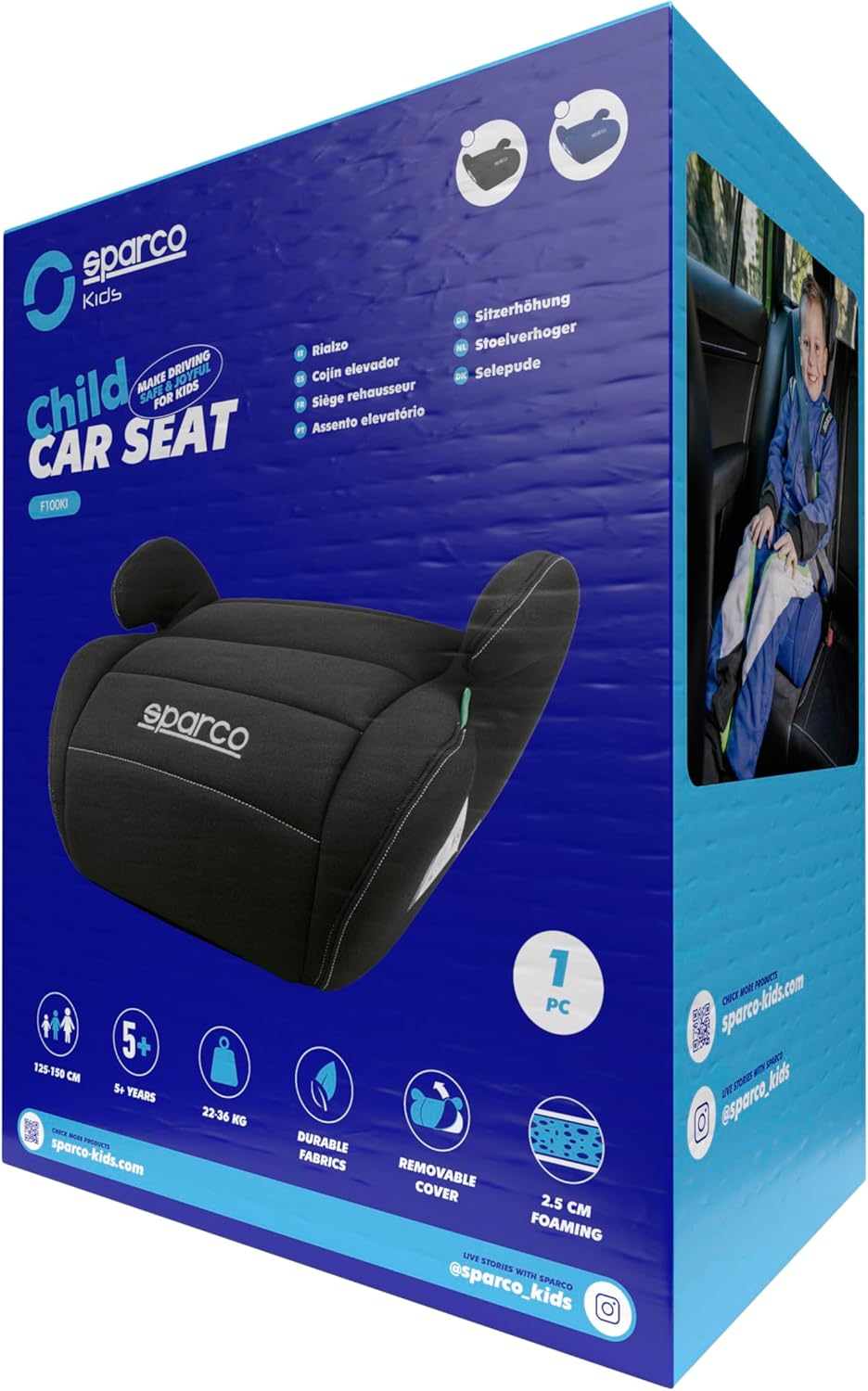 Sparco Autositz-Erhöhung für Kleinkinder Blau i-Size für Jungen und Mädchen. Zugelassen nach ECE R12
