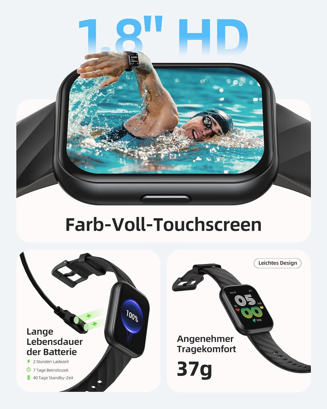 Parsonver Smartwatch Damen Herren, 5ATM Wasserdicht Schwimmuhr, 1.8" HD Bildschirm Fitnessuhr Damen
