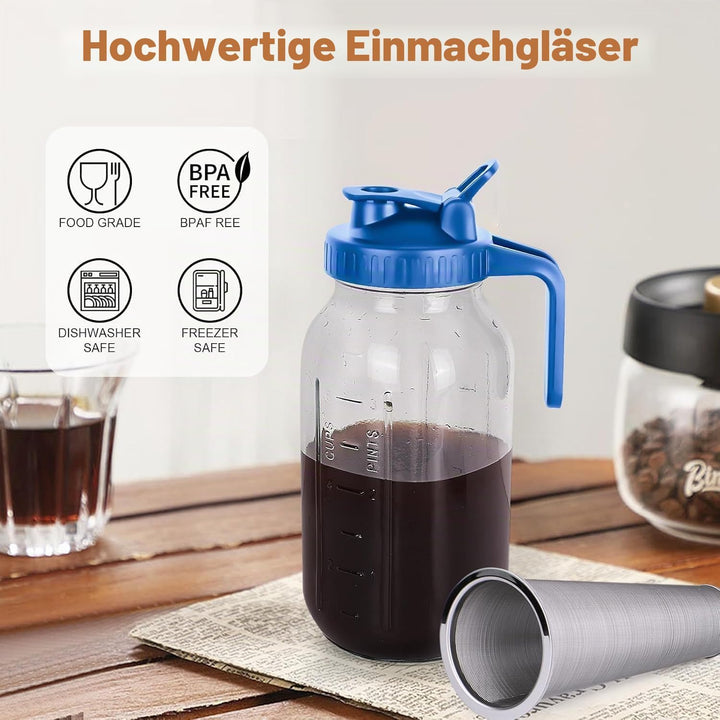 Cold Brew Kaffeebereiter, 1.8L Cold Brew Coffee Maker, Deckel mit Griff und Edelstahlfilter, Kaffeeb