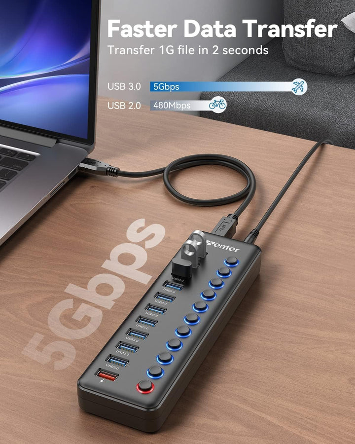 Powered USB Hub, Wenter 11-Port USB Splitter Hub (10 Faster Data Transfer Ports+ 1 Smart Charging Po