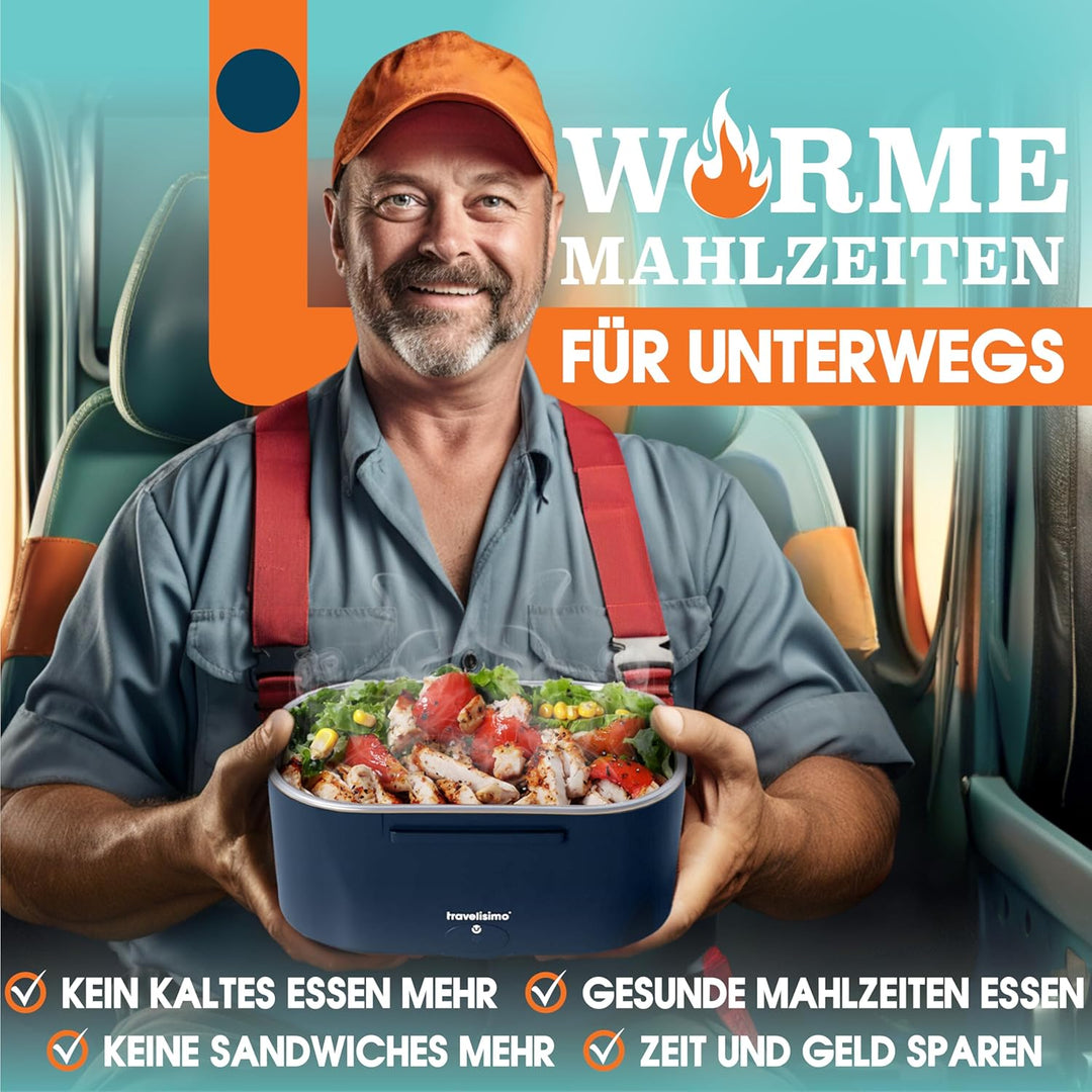 TRAVELISIMO Elektrische Lunchbox 80W Warmhaltebox, 1,5L Edelstahl Wärmebox für Essen 3-in-1 12V/24V/