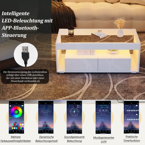 Merax LED Couchtisch – Moderner Wohnzimmertisch in Hochglanzweiss mit App-gesteuerter Beleuchtung, S