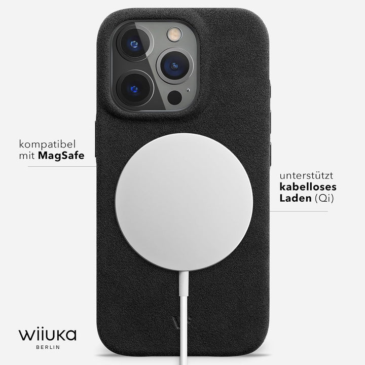 WIIUKA Hülle für iPhone 15 Pro, original Alcantara®, handgefertigt, extra Dünn, Premium Handyhülle,