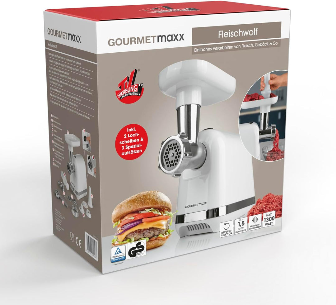GOURMETmaxx elektrischer Fleischwolf mit verschiedenen Aufsätzen | Zur Verarbeitung von Fleisch, Fis