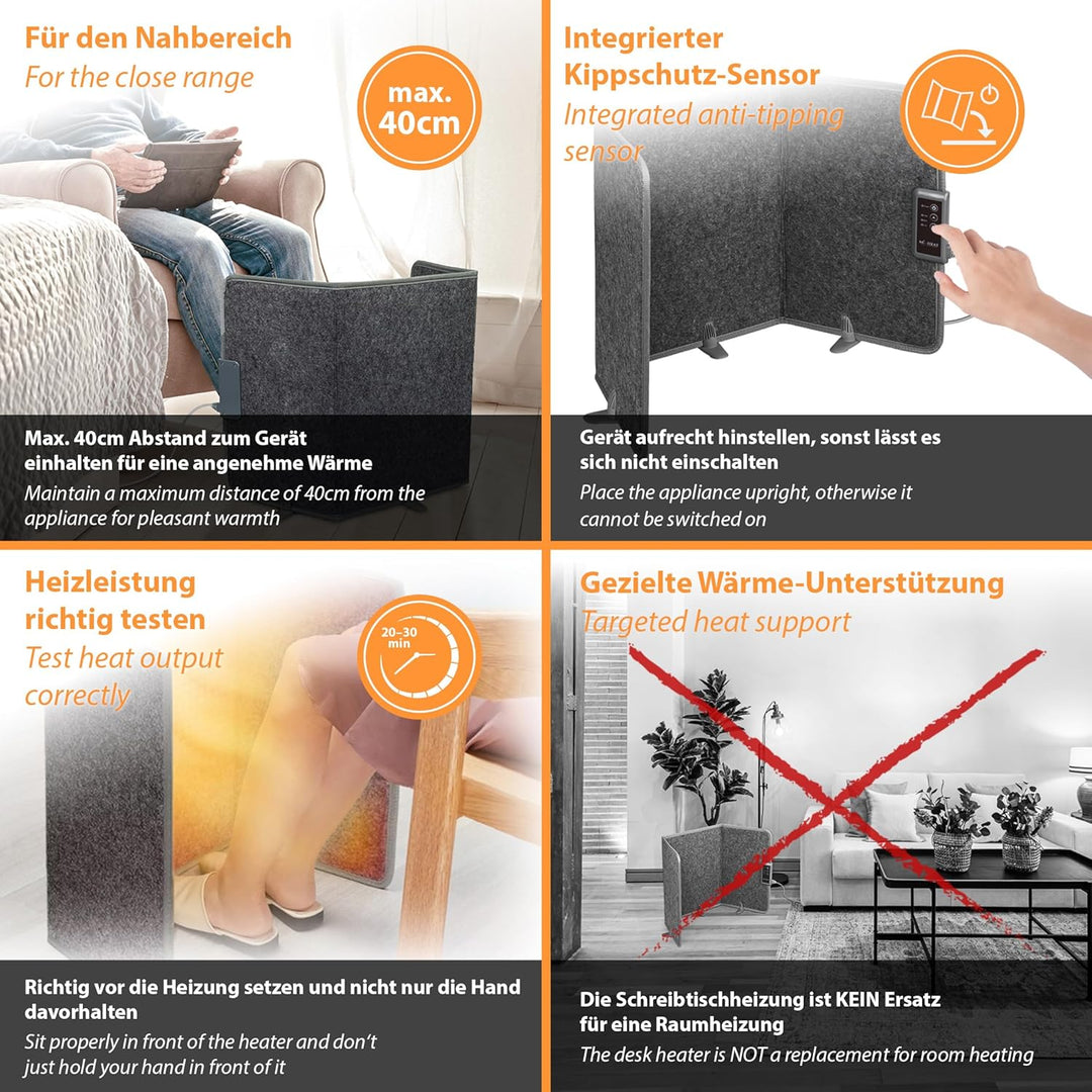 Mi-Heat Infrarot Schreibtischheizung 51x100cm Heizpaneel 165W Standheizung für Büro Schreibtisch Arb