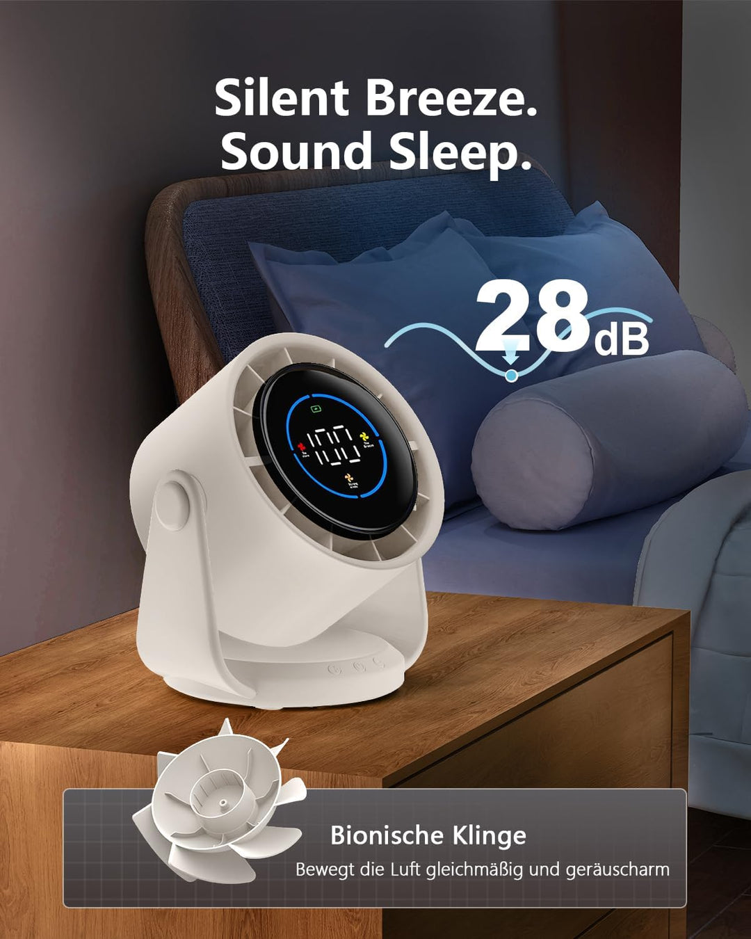Tischventilator, USB Ventilator mit 100 Geschwindigkeitsstufen 105° Schwenkfunktion LED Display mit