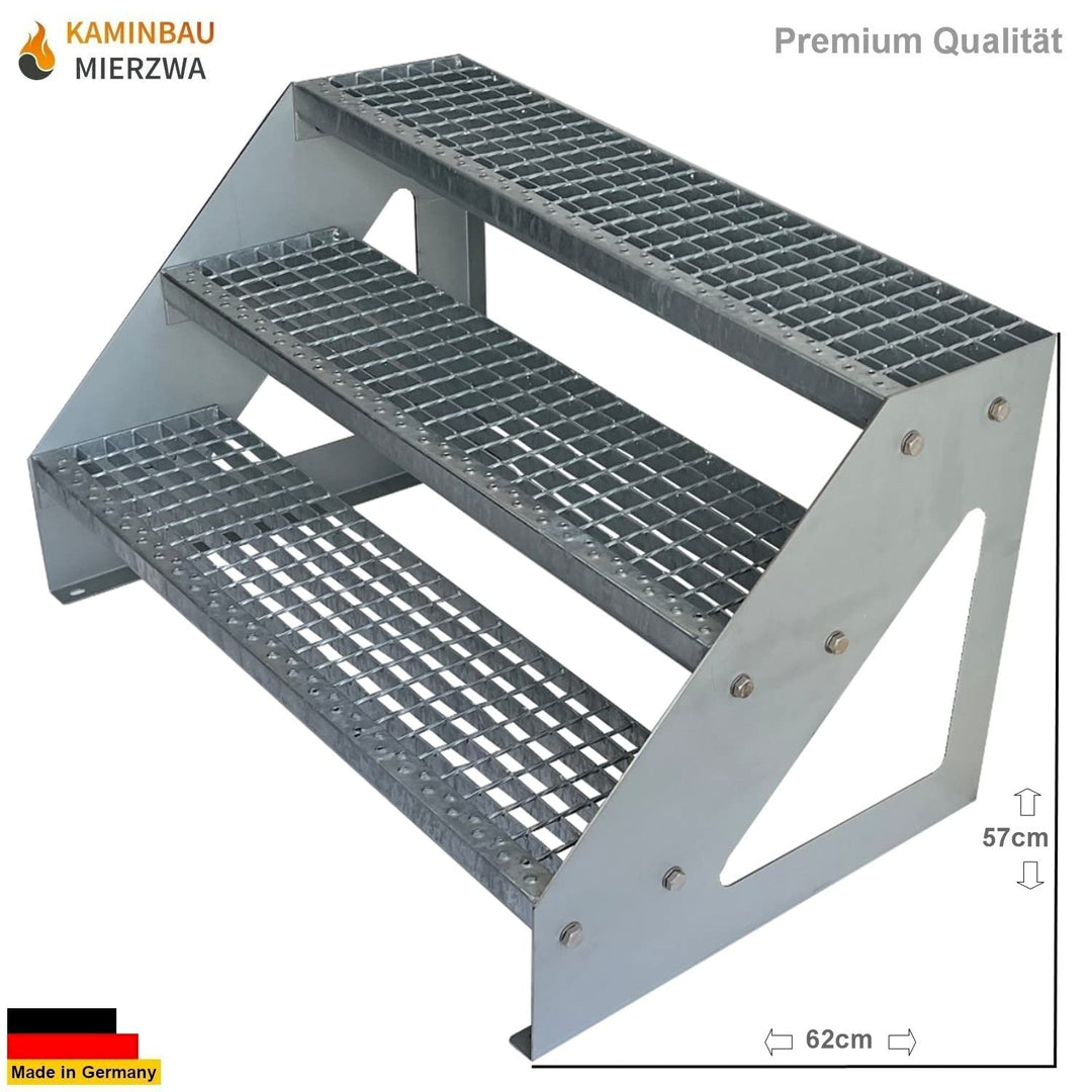 Premium Stahl Treppe Freistehend Verzinkt 3 Stufen (Breite 80 cm) (Höhe 57 cm) Wetterfest Gitterrost