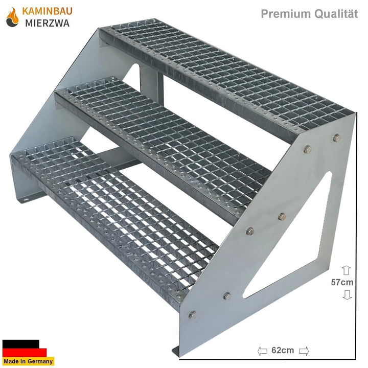 Premium Stahl Treppe Freistehend Verzinkt 3 Stufen (Breite 80 cm) (Höhe 57 cm) Wetterfest Gitterrost