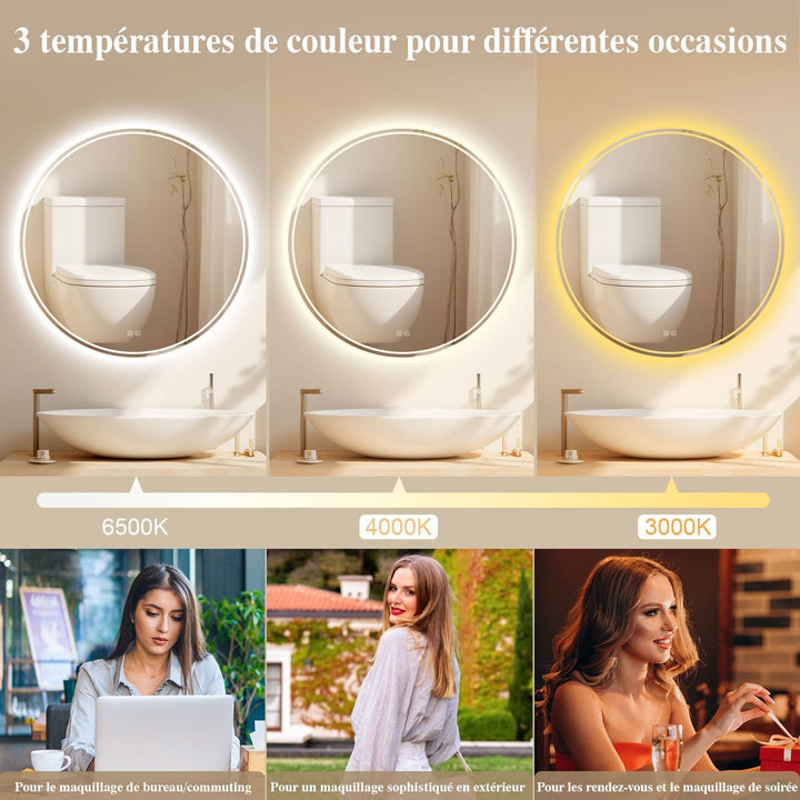 Badspiegel mit Beleuchtung - Badezimmer-Spiegel-LED mit Beschlagfrei, Touch-Schalter, Dimmbar, 3 Lic