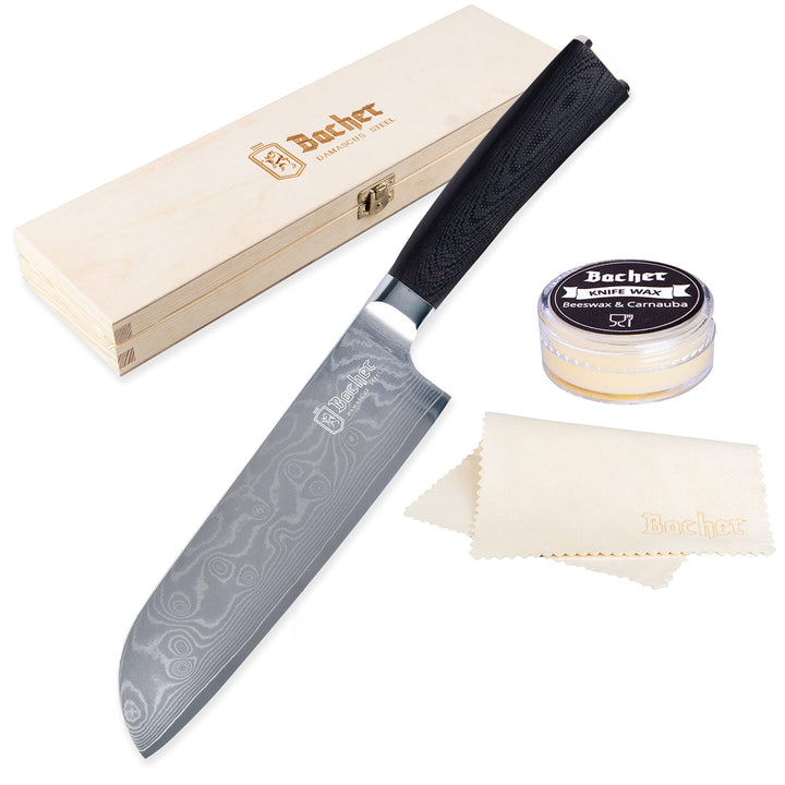 Bacher Santoku Damastmesser 18 cm - Damast Küchenmesser Geschmiedet aus 67 Legen AUS 10V - Profi Sch