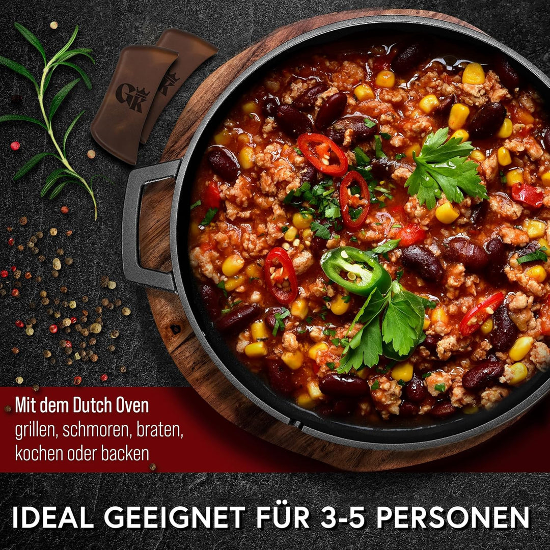 GUSSKÖNIG Dutch Oven - 2in1 Eingebrannter Gusseisen Topf 4,8L & Gusspfanne 1,8L - Dutch Oven Set mit