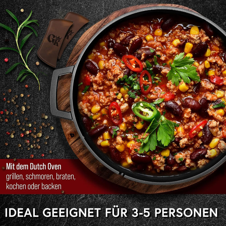 GUSSKÖNIG Dutch Oven - 2in1 Eingebrannter Gusseisen Topf 4,8L & Gusspfanne 1,8L - Dutch Oven Set mit