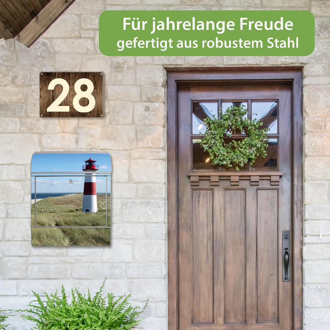 banjado® Design Briefkasten mit Motiv Leuchtturm 39x47x14cm &amp; 2 Schlüssel - Briefkasten Stahl Silber