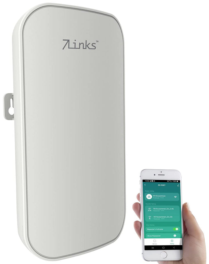 7links WLAN Verstärker Outdoor: Outdoor-WLAN-Repeater, 1.200 Mbit/s, Dual-Band 2,4+5,0 GHz, App, 80