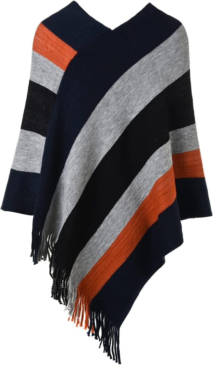 Ferand Damen Gestreifter Poncho Pullover Vielseitiger Schal zum Wickeln mit Fransen für Herbst und W