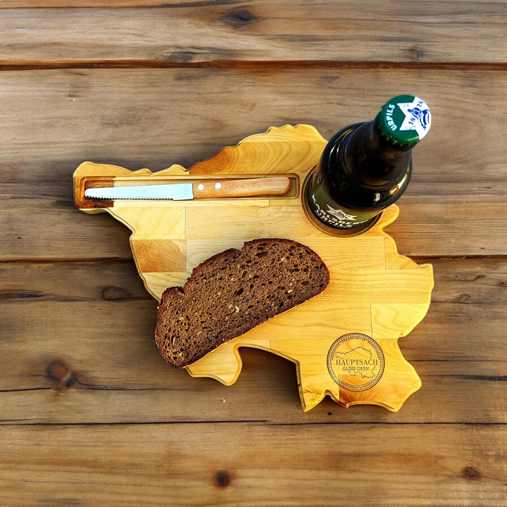Saarlandbrett als Frühstücksbrettchen aus Holz, Legendärer Stubbi Style, für Saarländer, Lusitge Ges