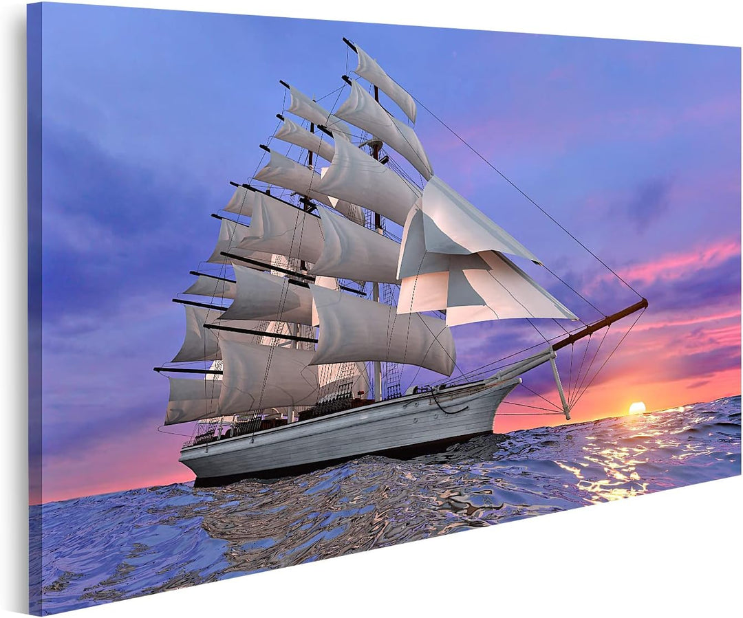 islandburner Bild auf Leinwand Segelschiff Auf Dem Hintergrund Der Untergehenden Sonne In Klaren Ruh