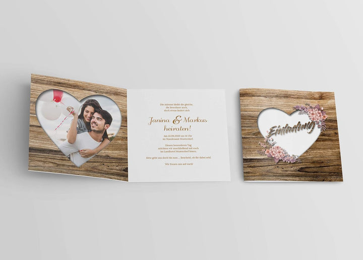 Rustikale Hochzeitskarte – Einladungskarte in Holz-Optik – Vintage Blumen Einladung für deine Hochze