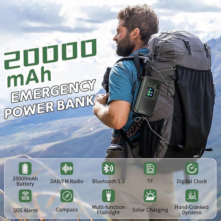 20000mAh DAB+/FM Notfallradio mit Powerbank – Tragbares Solar- & Kurbelradio mit Bluetooth 5.3, SOS,